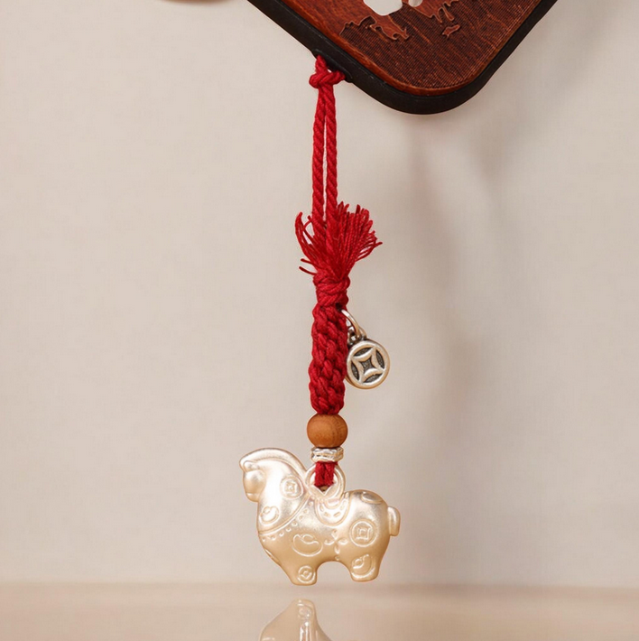 999 Silver Horse Charm Pendant, Hand Braided Keychain