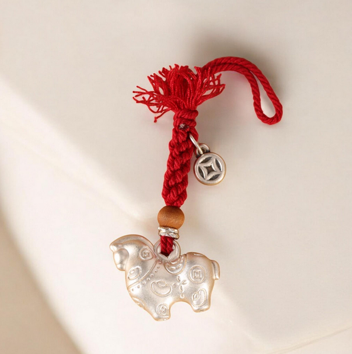999 Silver Horse Charm Pendant, Hand Braided Keychain