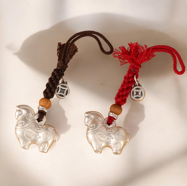 999 Silver Horse Charm Pendant, Hand Braided Keychain