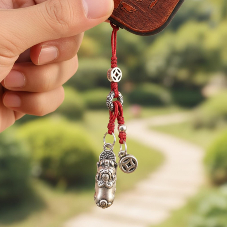 999 Pure Silver Pixiu Mythical Chinese Creature Wealth Charm Pendant KeyChain