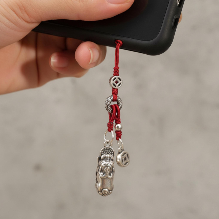 999 Pure Silver Pixiu Mythical Chinese Creature Wealth Charm Pendant KeyChain