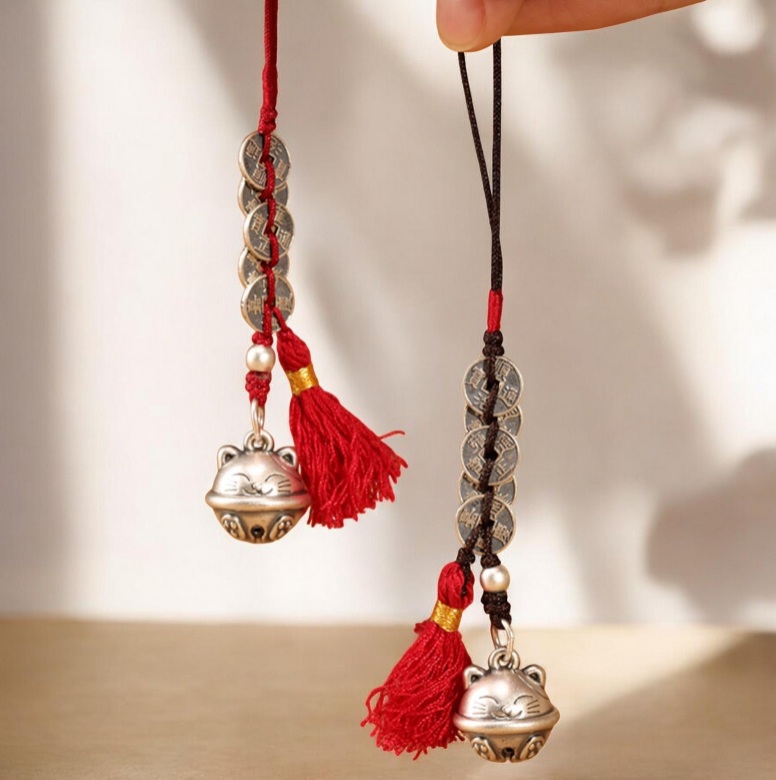 999 Pure Silver Maneki-neko Fortune Cat Charm Bell Coins Pendant Rope KeyChain