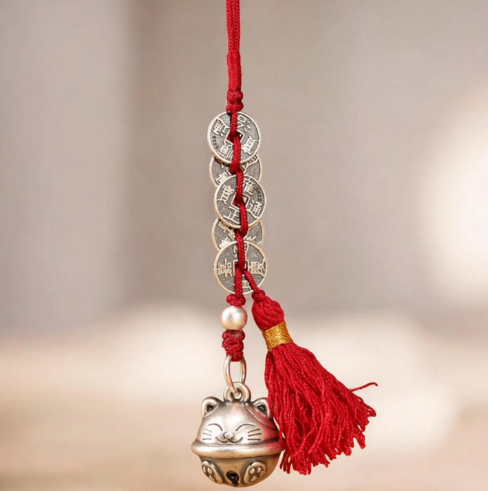 999 Pure Silver Maneki-neko Fortune Cat Charm Bell Coins Pendant Rope KeyChain