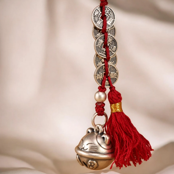 999 Pure Silver Maneki-neko Fortune Cat Charm Bell Coins Pendant Rope KeyChain