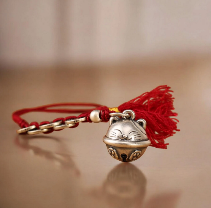 999 Pure Silver Maneki-neko Fortune Cat Charm Bell Coins Pendant Rope KeyChain