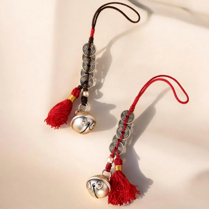 999 Pure Silver Maneki-neko Fortune Cat Charm Bell Coins Pendant Rope KeyChain