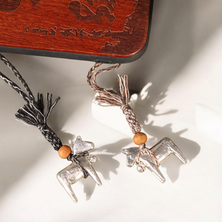 999 Pure Solid Silver Horse Charm Pendant, Hand Braided Rope Keychain