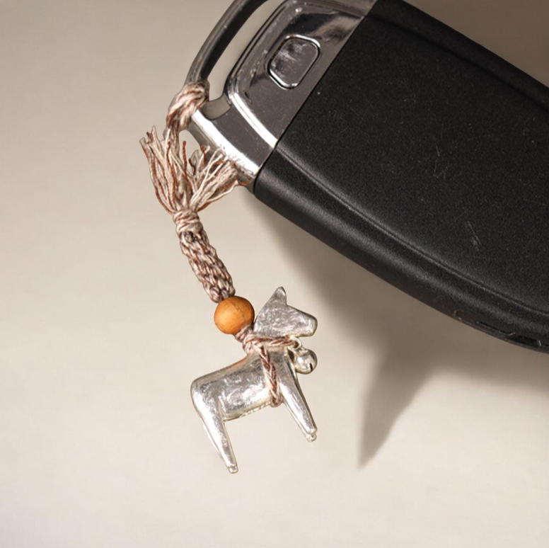 999 Pure Solid Silver Horse Charm Pendant, Hand Braided Rope Keychain