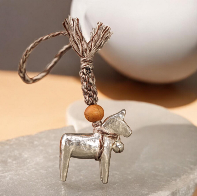 999 Pure Solid Silver Horse Charm Pendant, Hand Braided Rope Keychain
