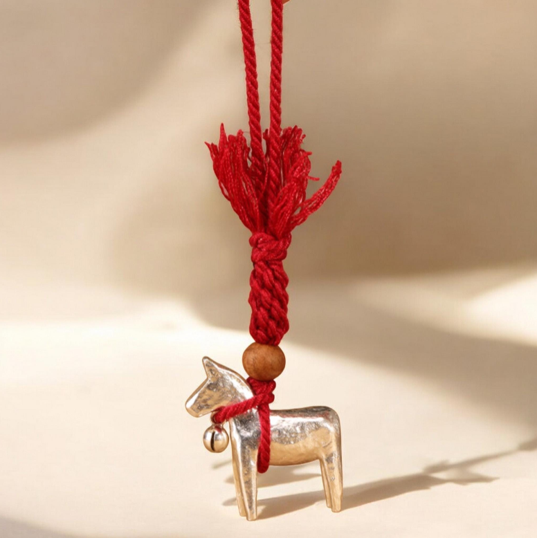 999 Pure Solid Silver Horse Charm Pendant, Hand Braided Rope Keychain