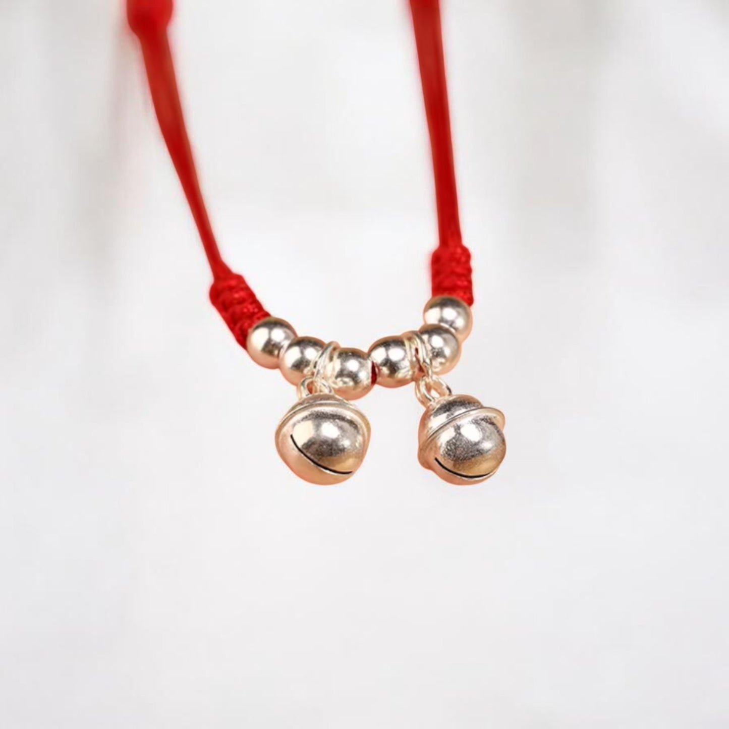 999 Pure Silver Bell Charm Braided Red Cord Anklet