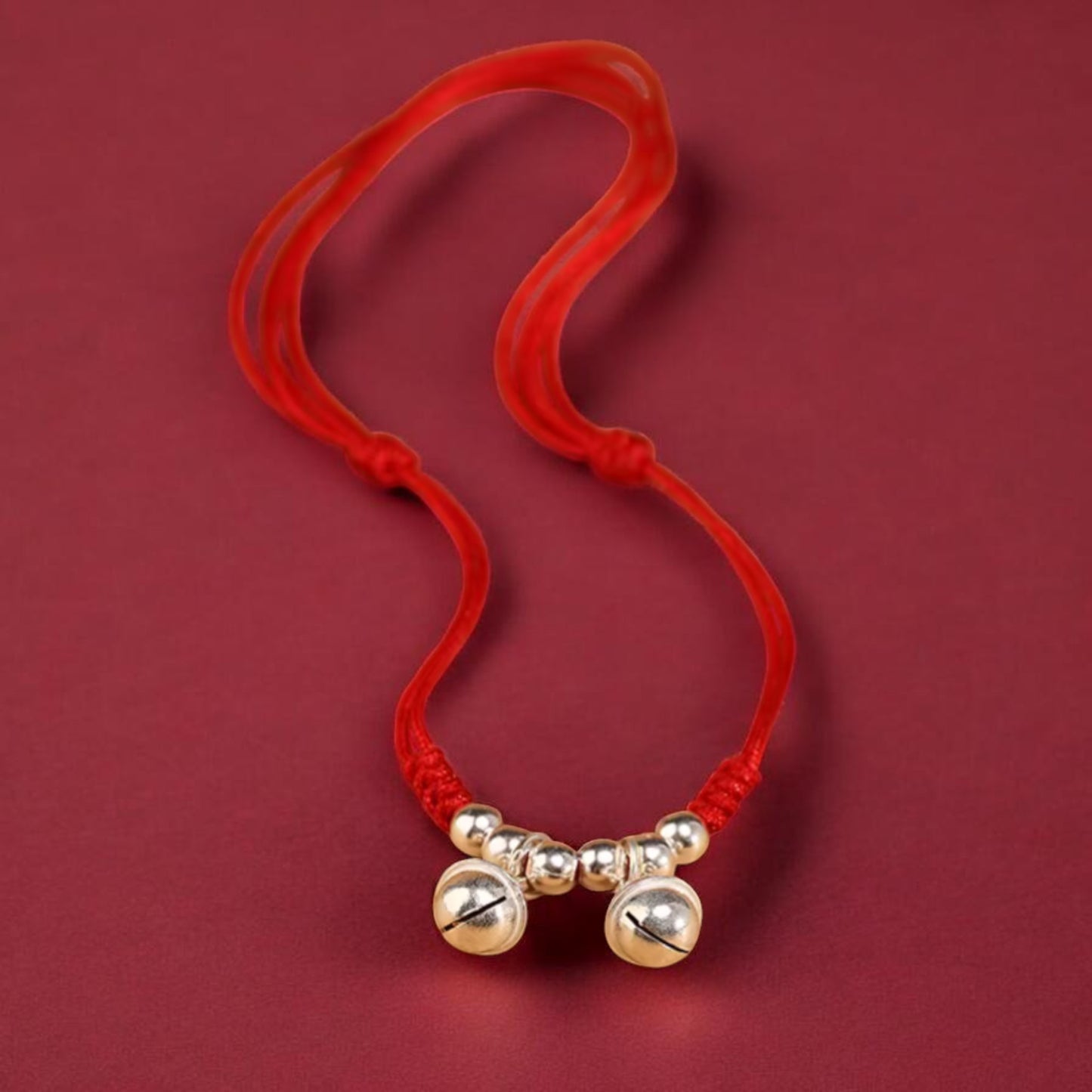999 Pure Silver Bell Charm Braided Red Cord Anklet