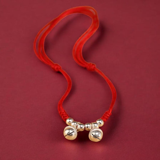 999 Pure Silver Bell Charm Braided Red Cord Anklet