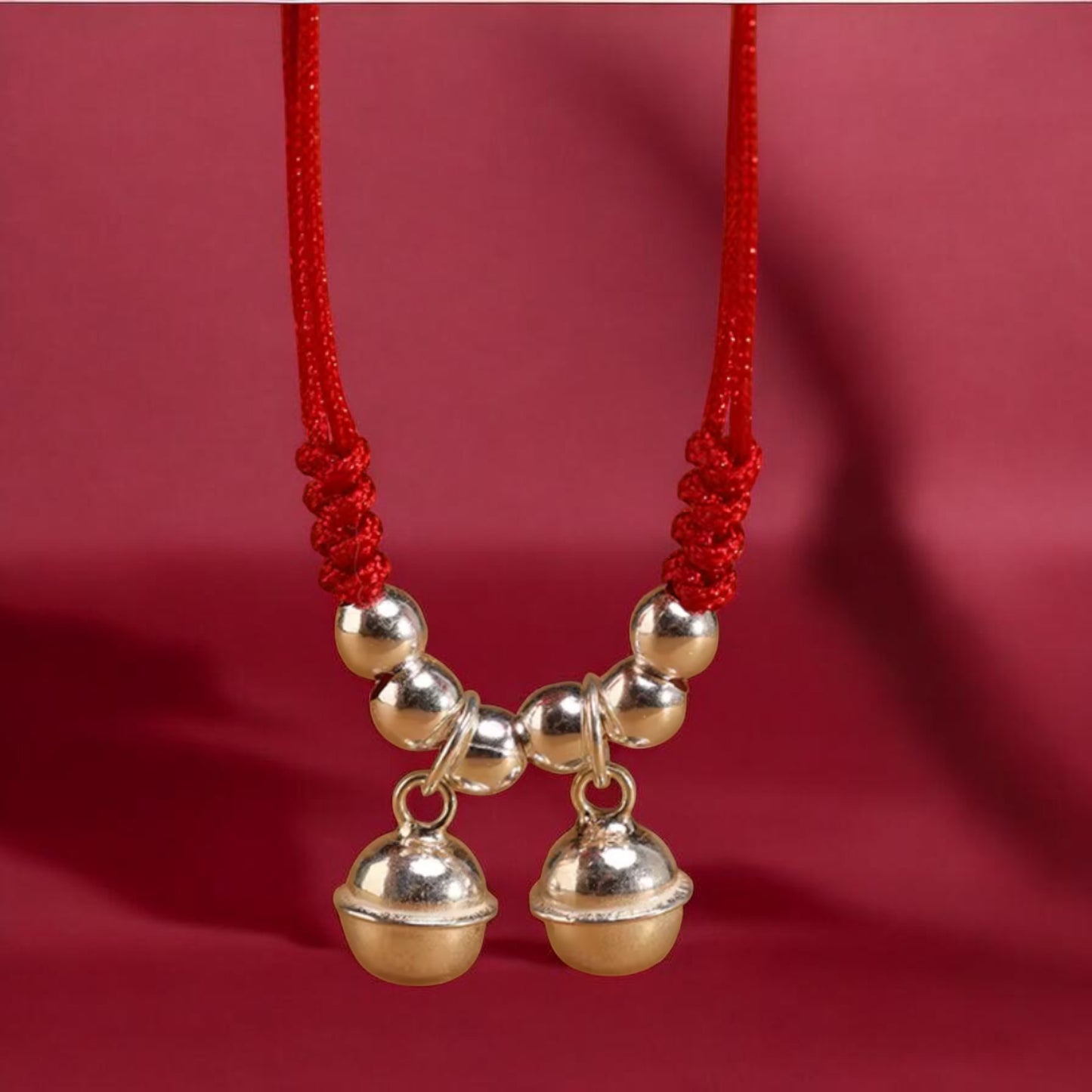 999 Pure Silver Bell Charm Braided Red Cord Anklet
