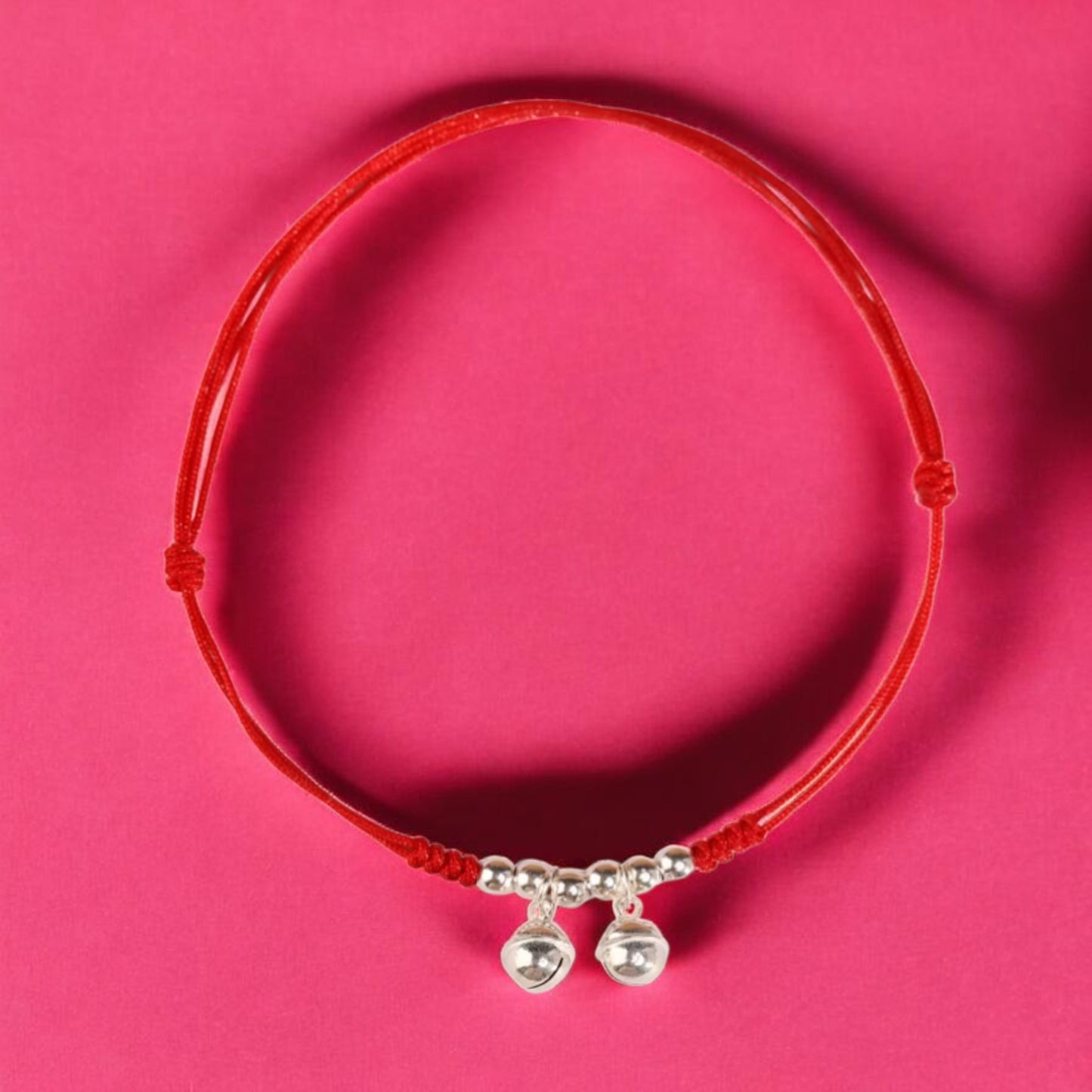 999 Pure Silver Bell Charm Braided Red Cord Anklet