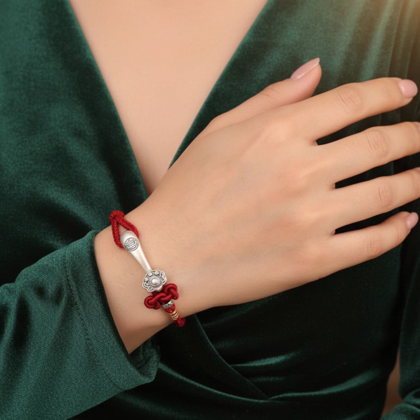 999 Pure Silver Ruyi Lucky Pendant Braided Cord Bracelet