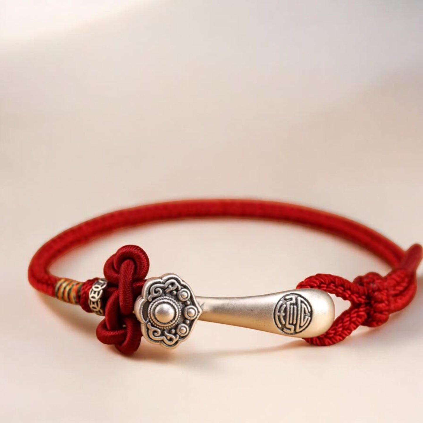 999 Pure Silver Ruyi Lucky Pendant Braided Cord Bracelet
