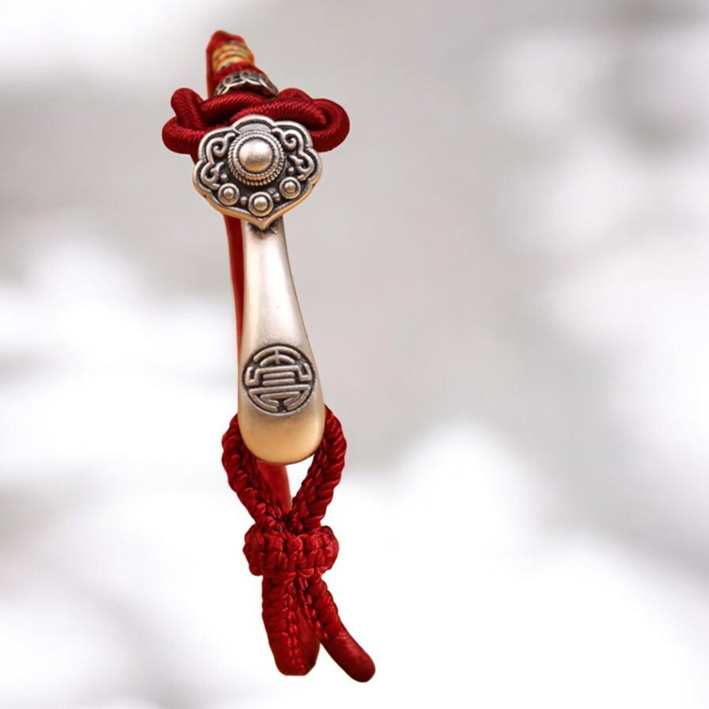 999 Pure Silver Ruyi Lucky Pendant Braided Cord Bracelet