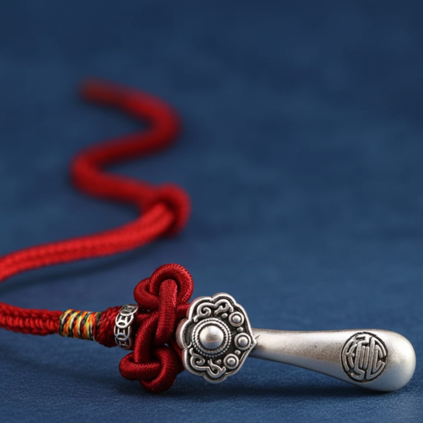 999 Pure Silver Ruyi Lucky Pendant Braided Cord Bracelet