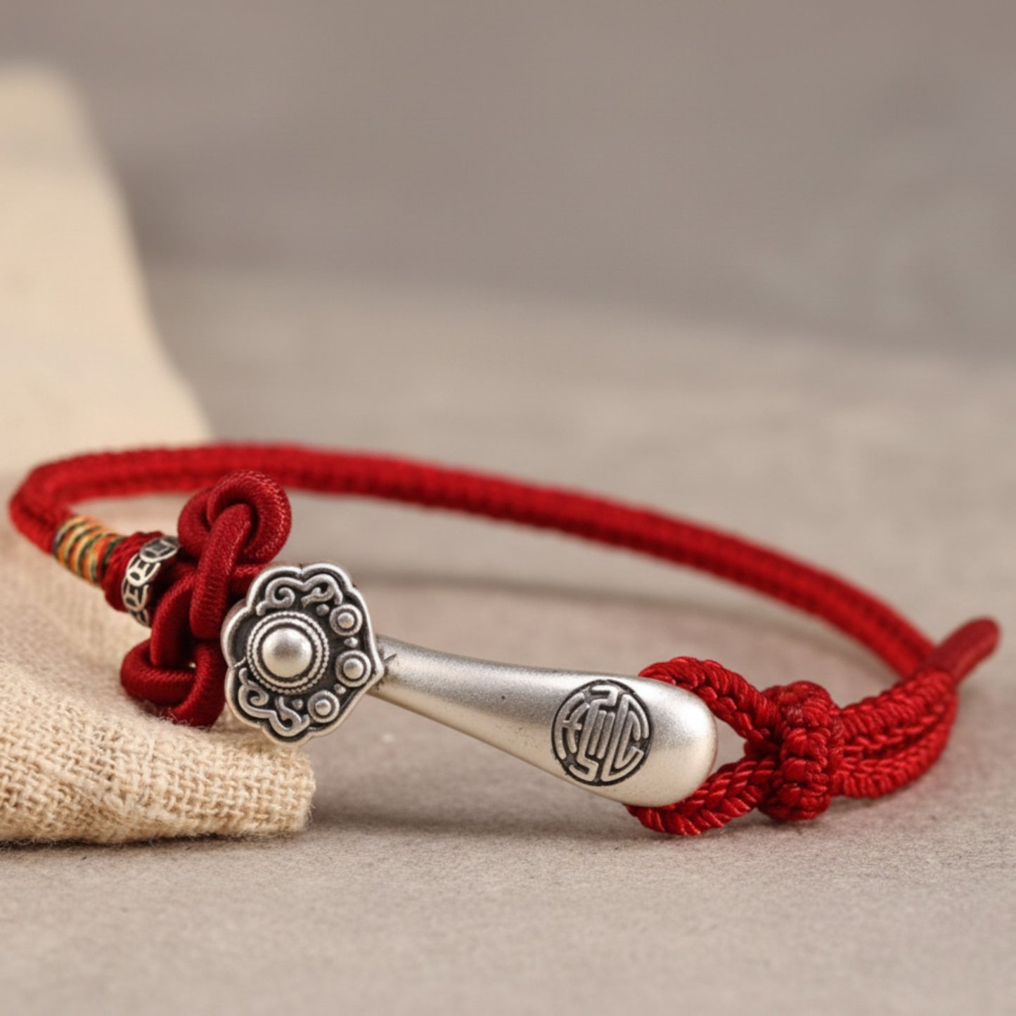 999 Pure Silver Ruyi Lucky Pendant Braided Cord Bracelet