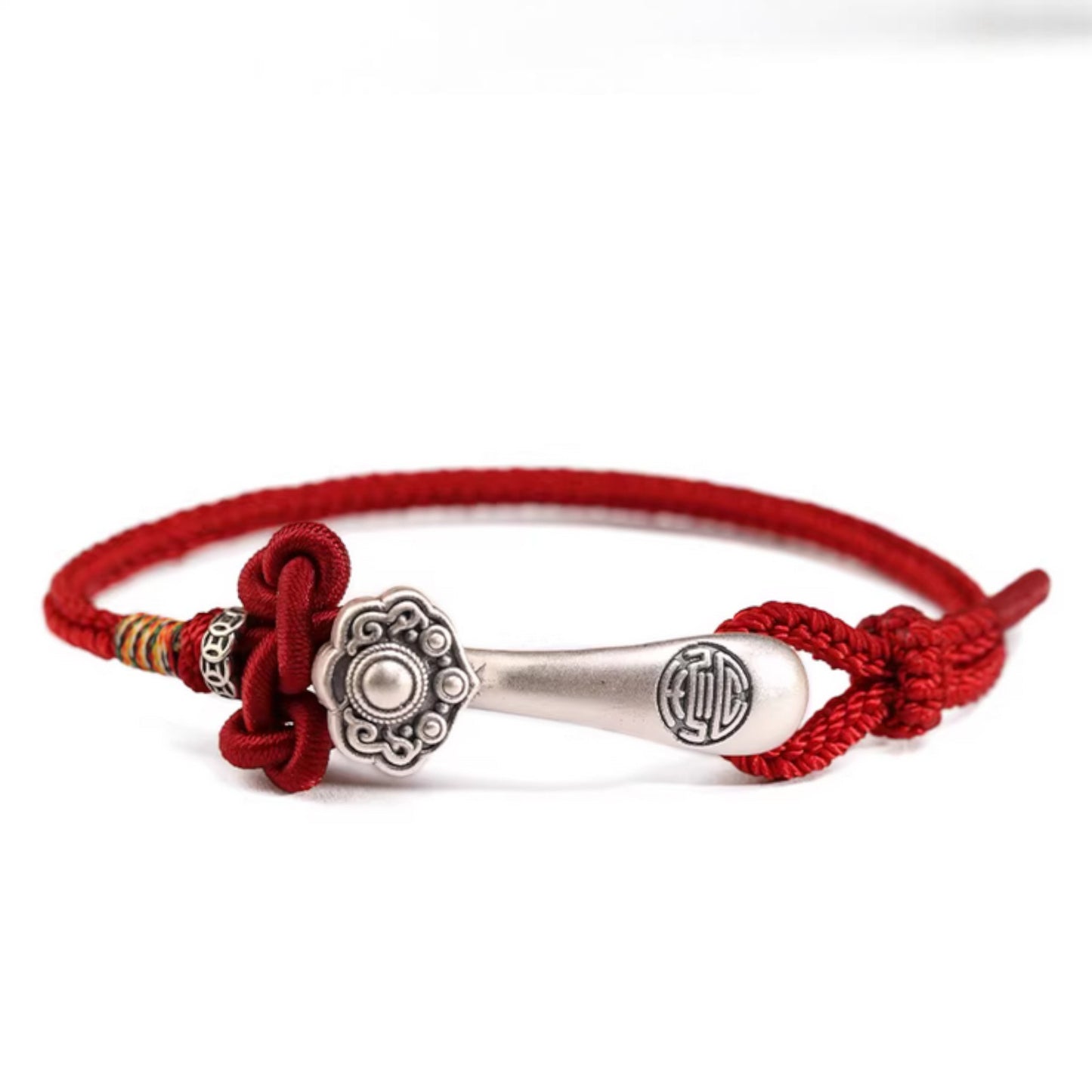 999 Pure Silver Ruyi Lucky Pendant Braided Cord Bracelet