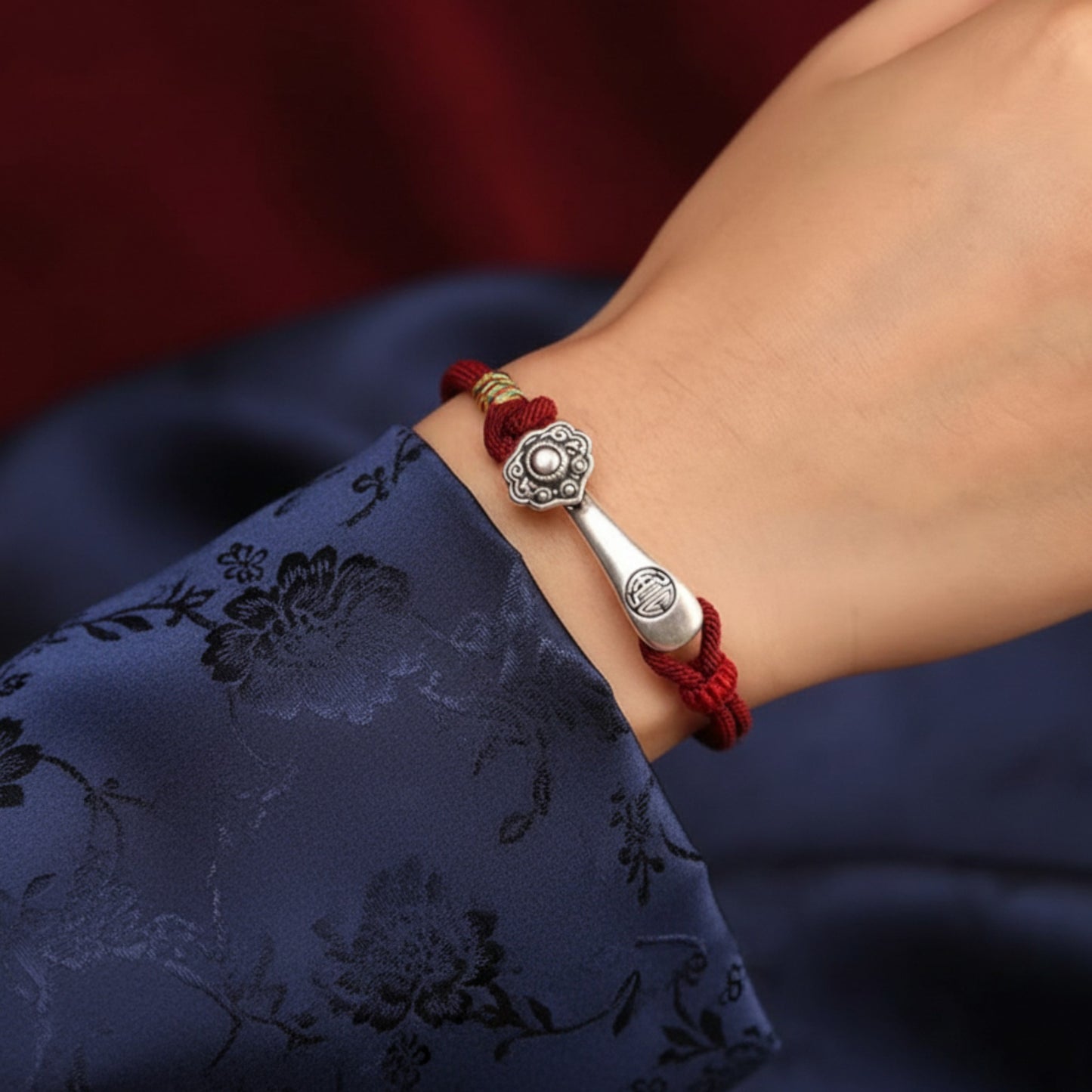 999 Pure Silver Ruyi Lucky Pendant Braided Cord Bracelet