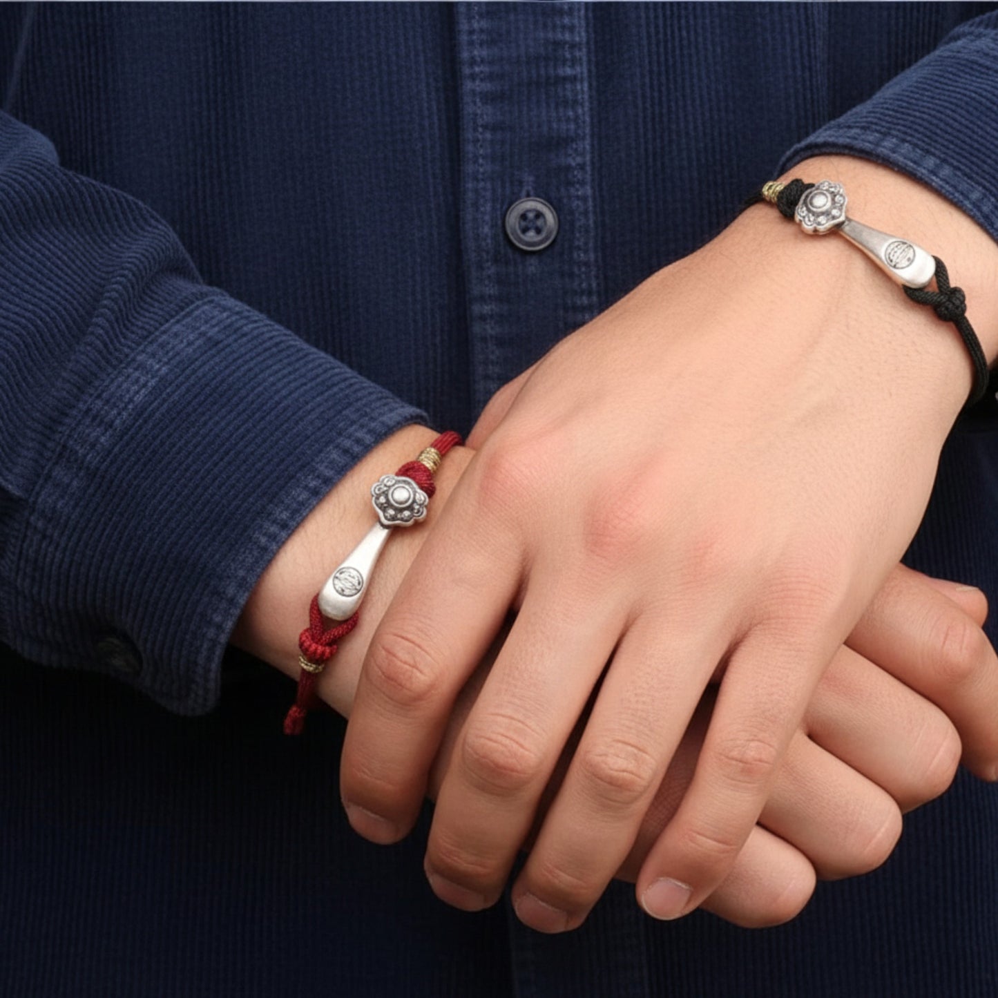 999 Pure Silver Ruyi Lucky Pendant Braided Cord Bracelet
