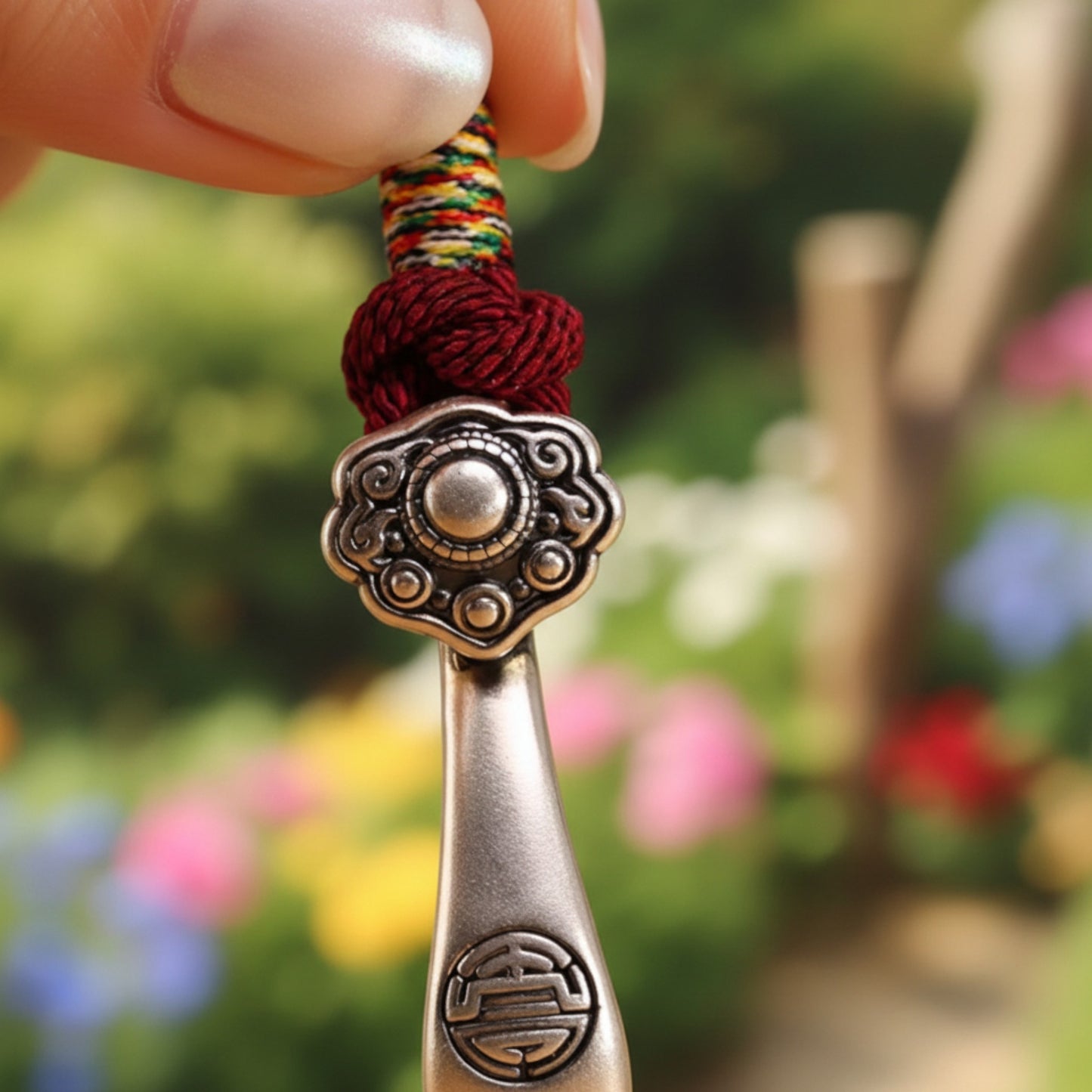 999 Pure Silver Ruyi Lucky Pendant Braided Cord Bracelet