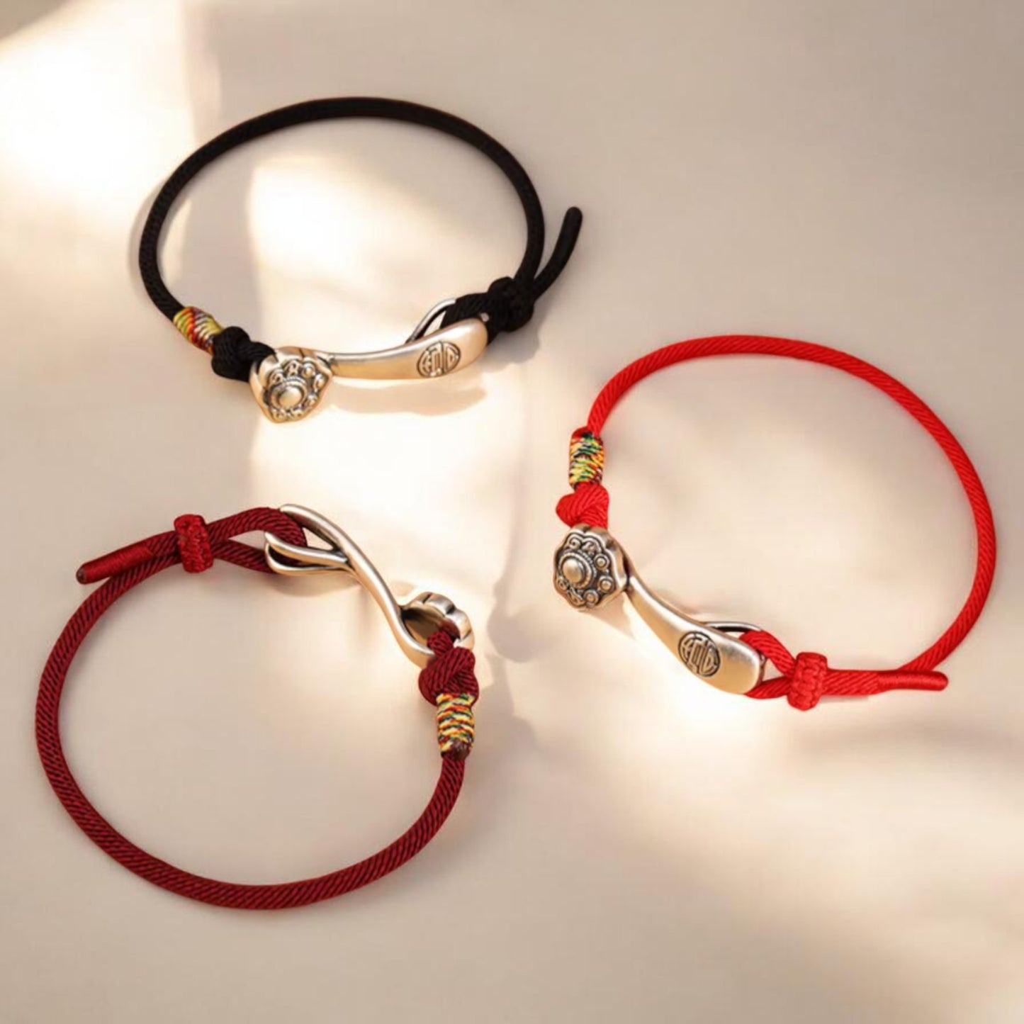 999 Pure Silver Ruyi Lucky Pendant Braided Cord Bracelet