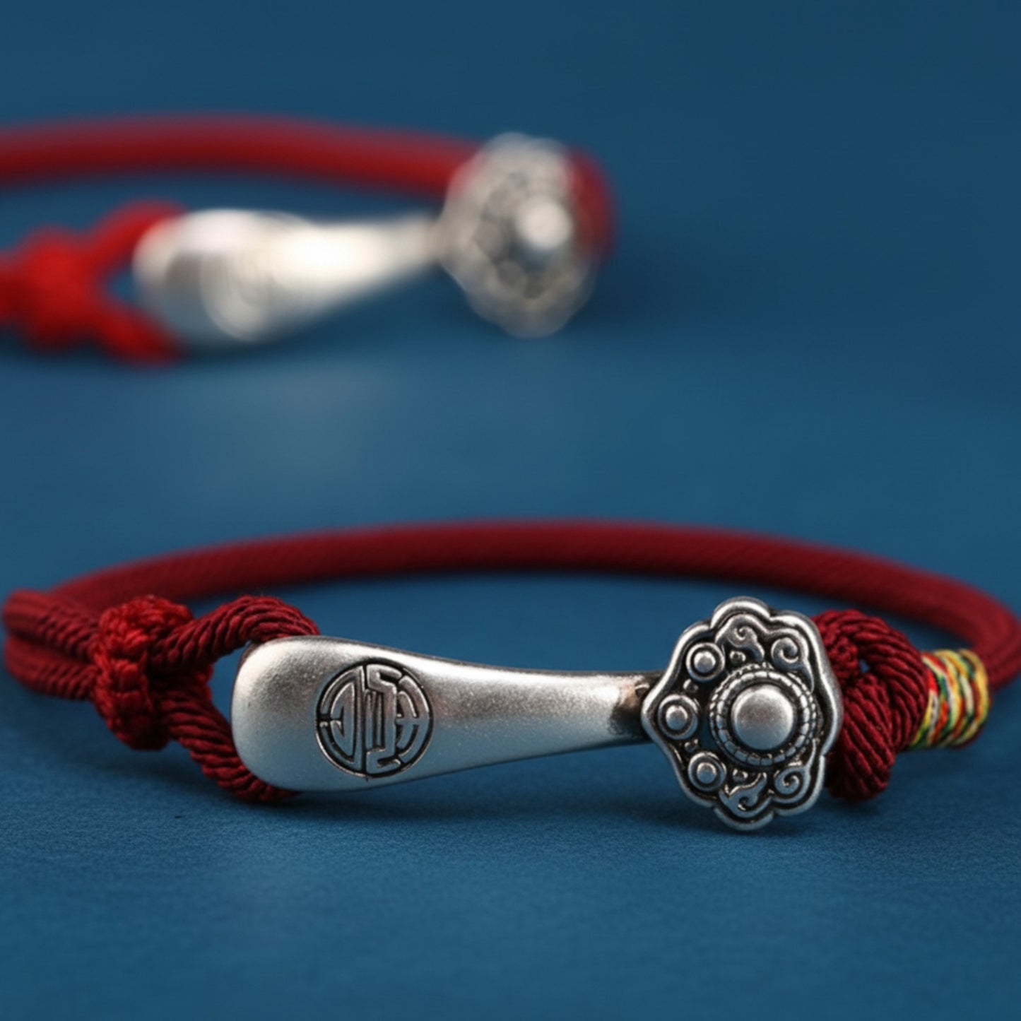 999 Pure Silver Ruyi Lucky Pendant Braided Cord Bracelet