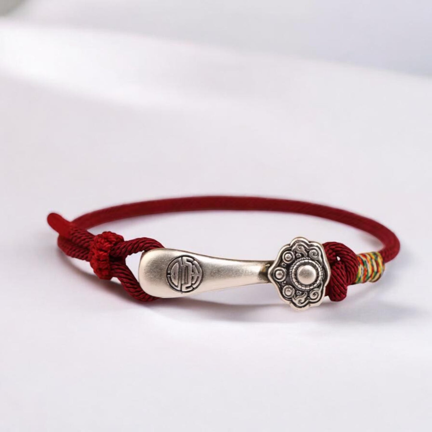 999 Pure Silver Ruyi Lucky Pendant Braided Cord Bracelet