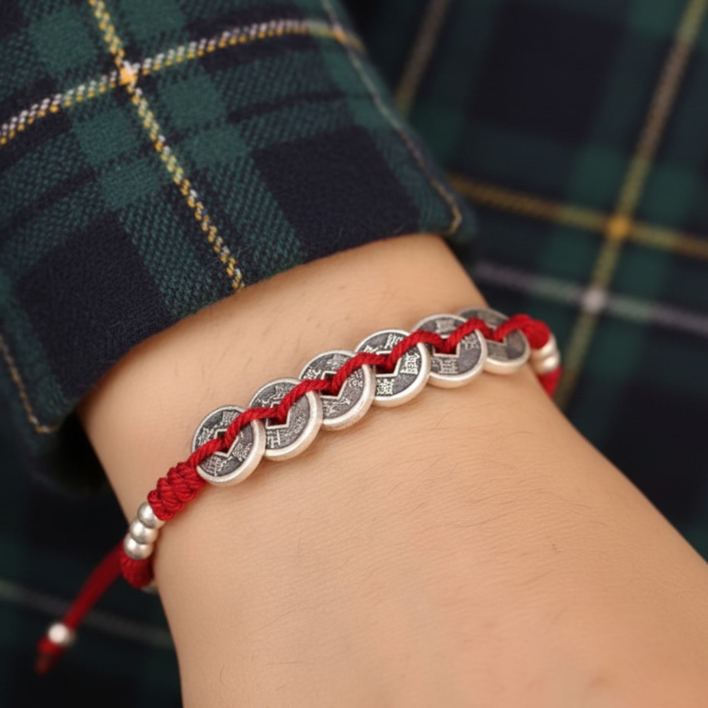 999 Pure Silver Five Emperor Coins Pendant Braided Cord Bracelet