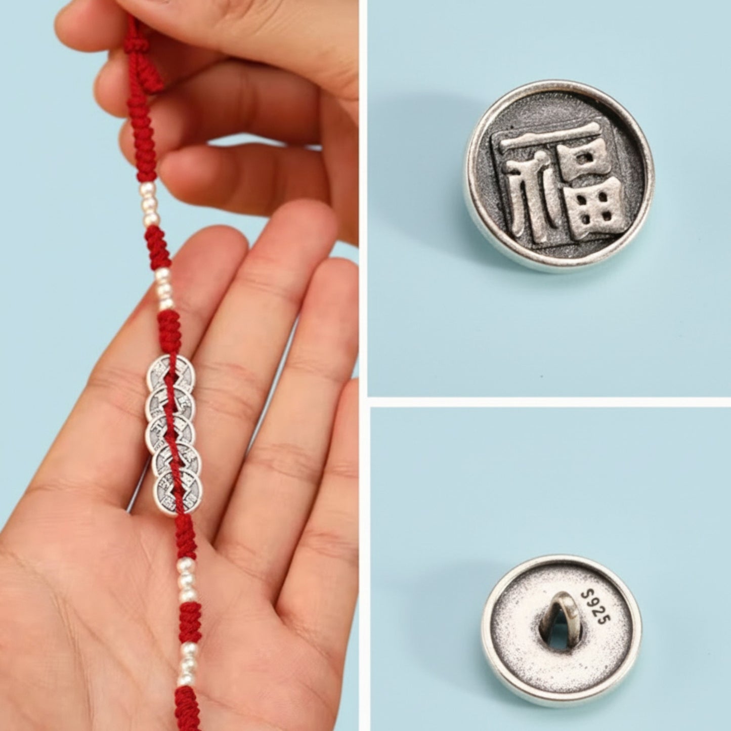 999 Pure Silver Five Emperor Coins Pendant Braided Cord Bracelet