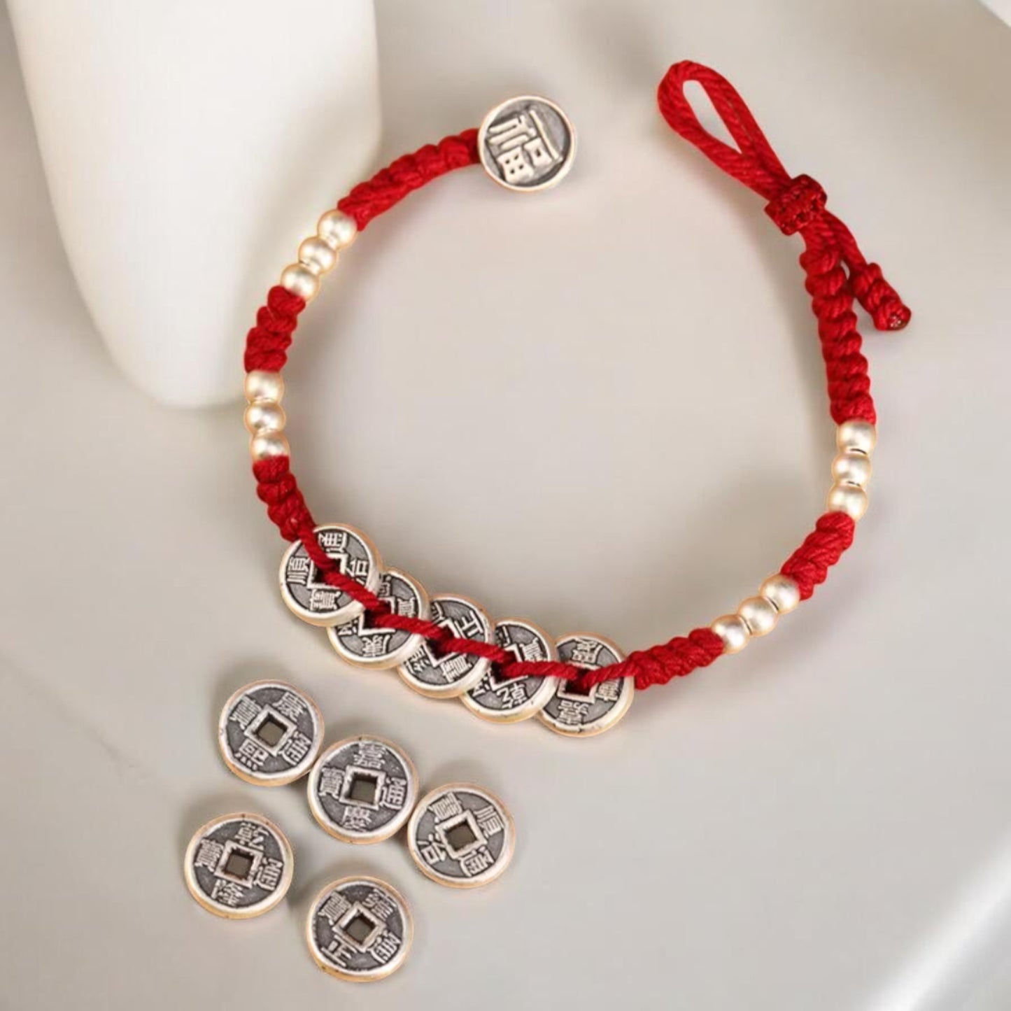 999 Pure Silver Five Emperor Coins Pendant Braided Cord Bracelet