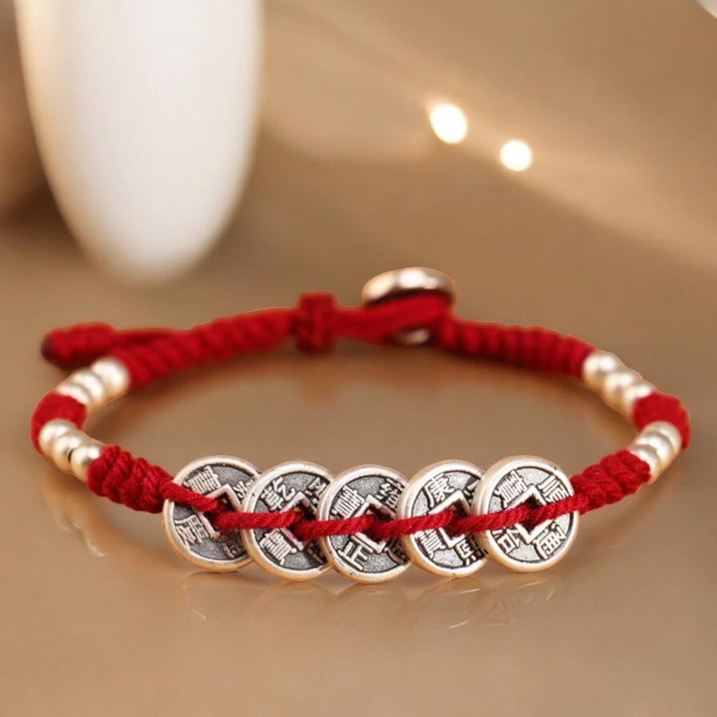 999 Pure Silver Five Emperor Coins Pendant Braided Cord Bracelet