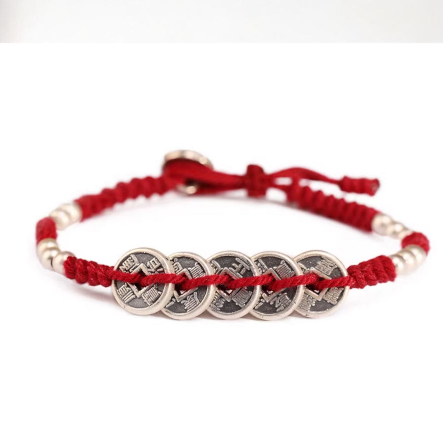 999 Pure Silver Five Emperor Coins Pendant Braided Cord Bracelet