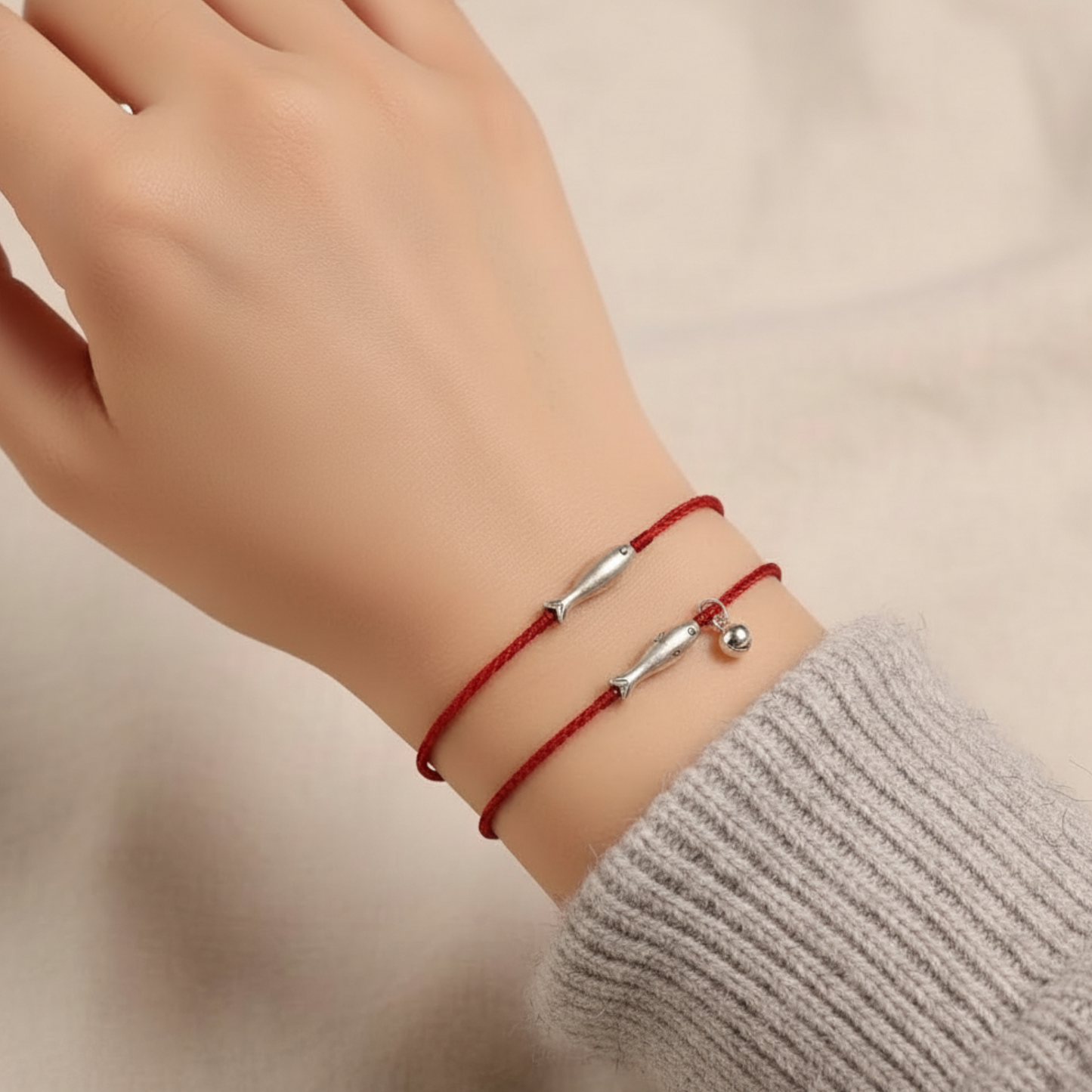S925 Sterling Silver Lucky Fish Koi Charm Braided Cord Adjustable Bracelet and Anklet