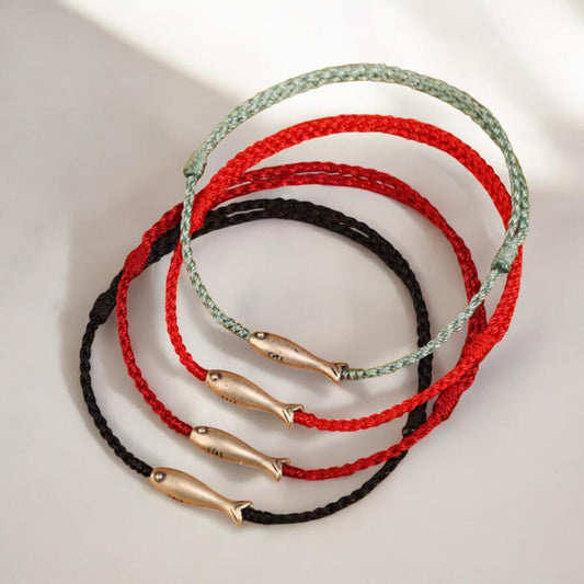 S925 Sterling Silver Lucky Fish Koi Charm Braided Cord Adjustable Bracelet and Anklet