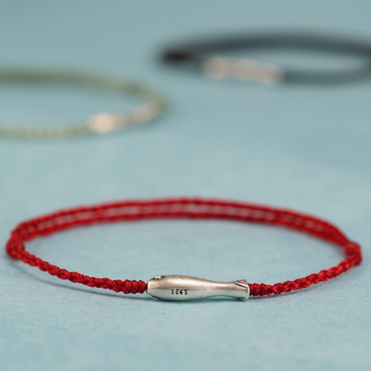 S925 Sterling Silver Lucky Fish Koi Charm Braided Cord Adjustable Bracelet and Anklet