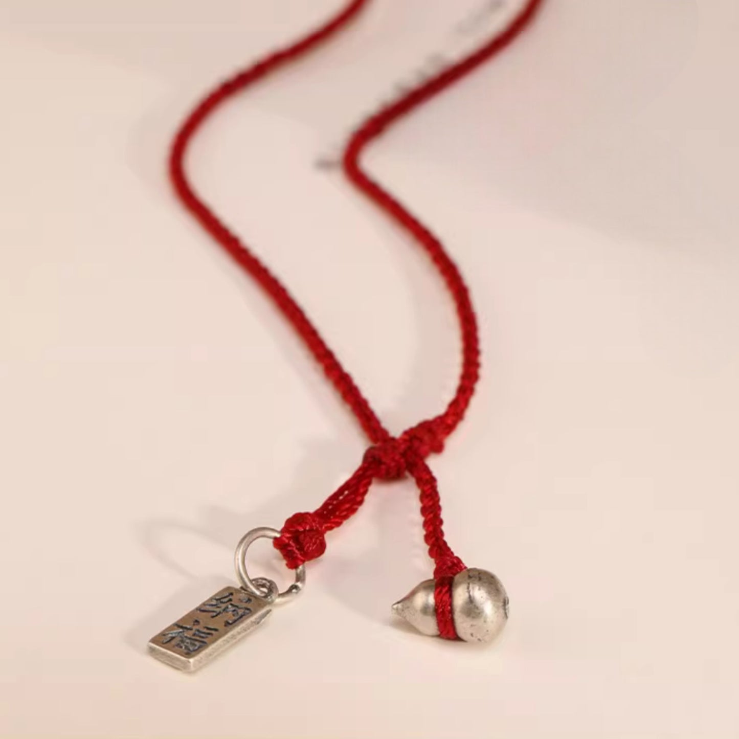 S925 Sterling Silver Lucky Gourd Charm Thin Minimal Braided Cord Adjustable Anklet