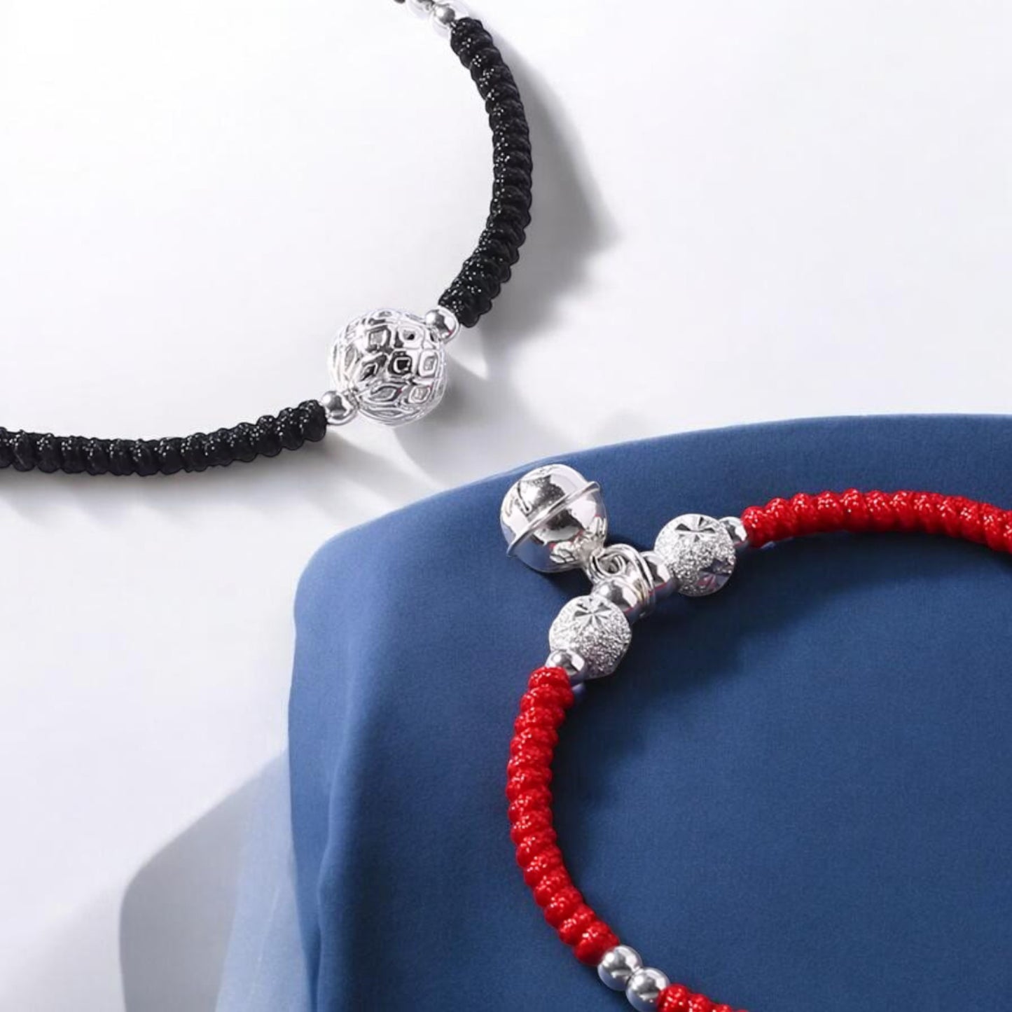 S925 Sterling Silver Lucky Bell Charm Braided Cord Couple Bracelet