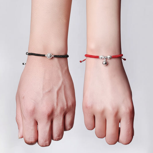 S925 Sterling Silver Lucky Bell Charm Braided Cord Couple Bracelet
