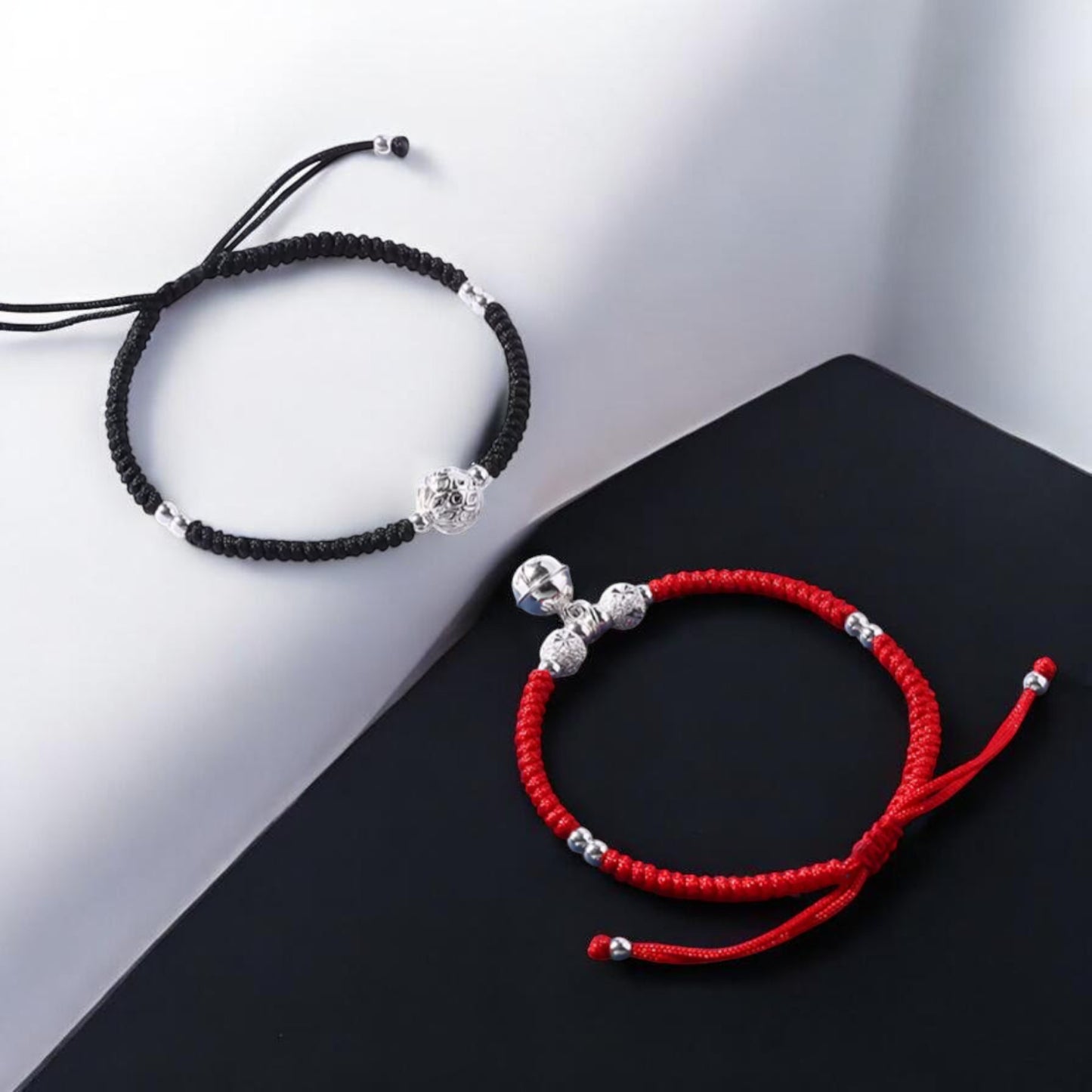 S925 Sterling Silver Lucky Bell Charm Braided Cord Couple Bracelet