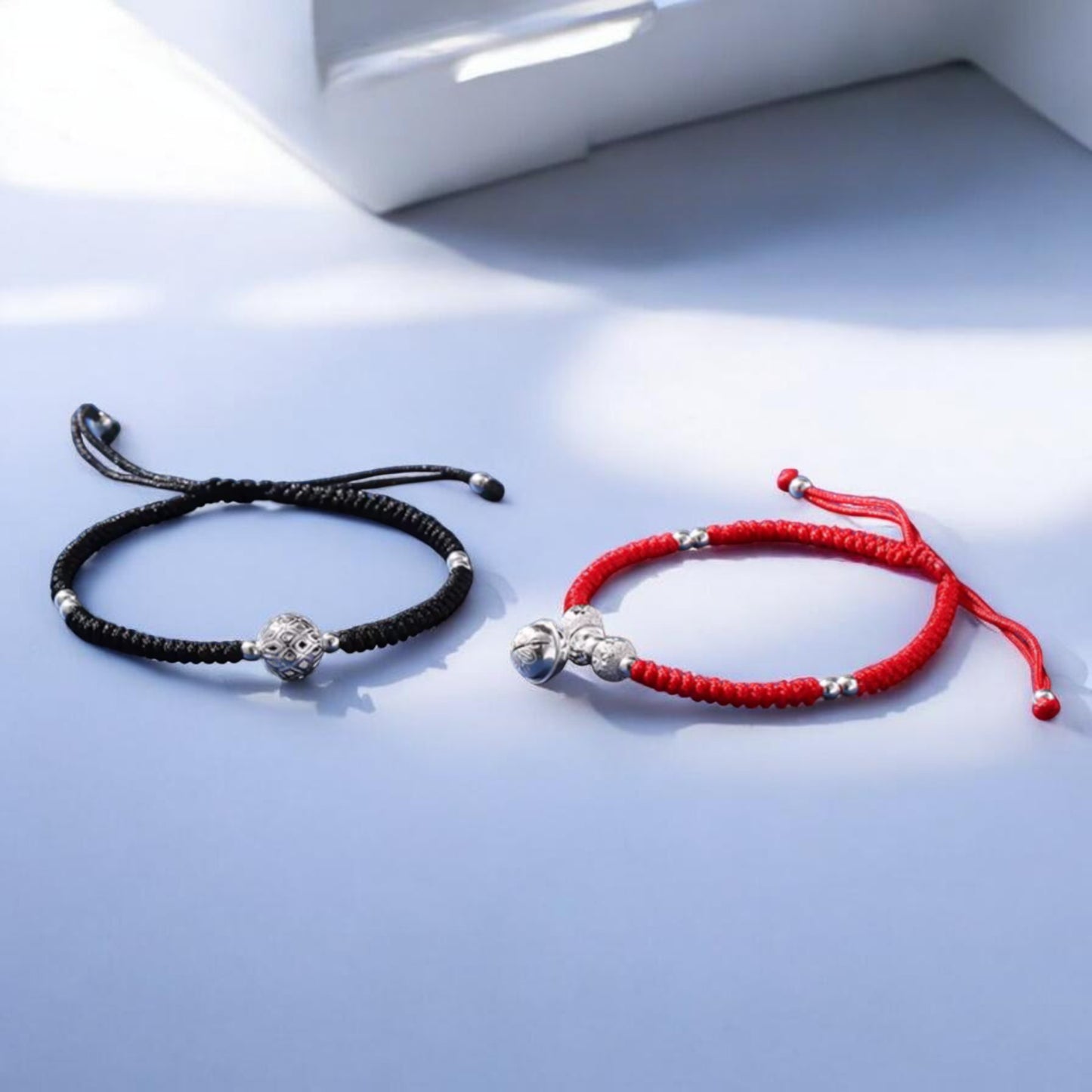 S925 Sterling Silver Lucky Bell Charm Braided Cord Couple Bracelet