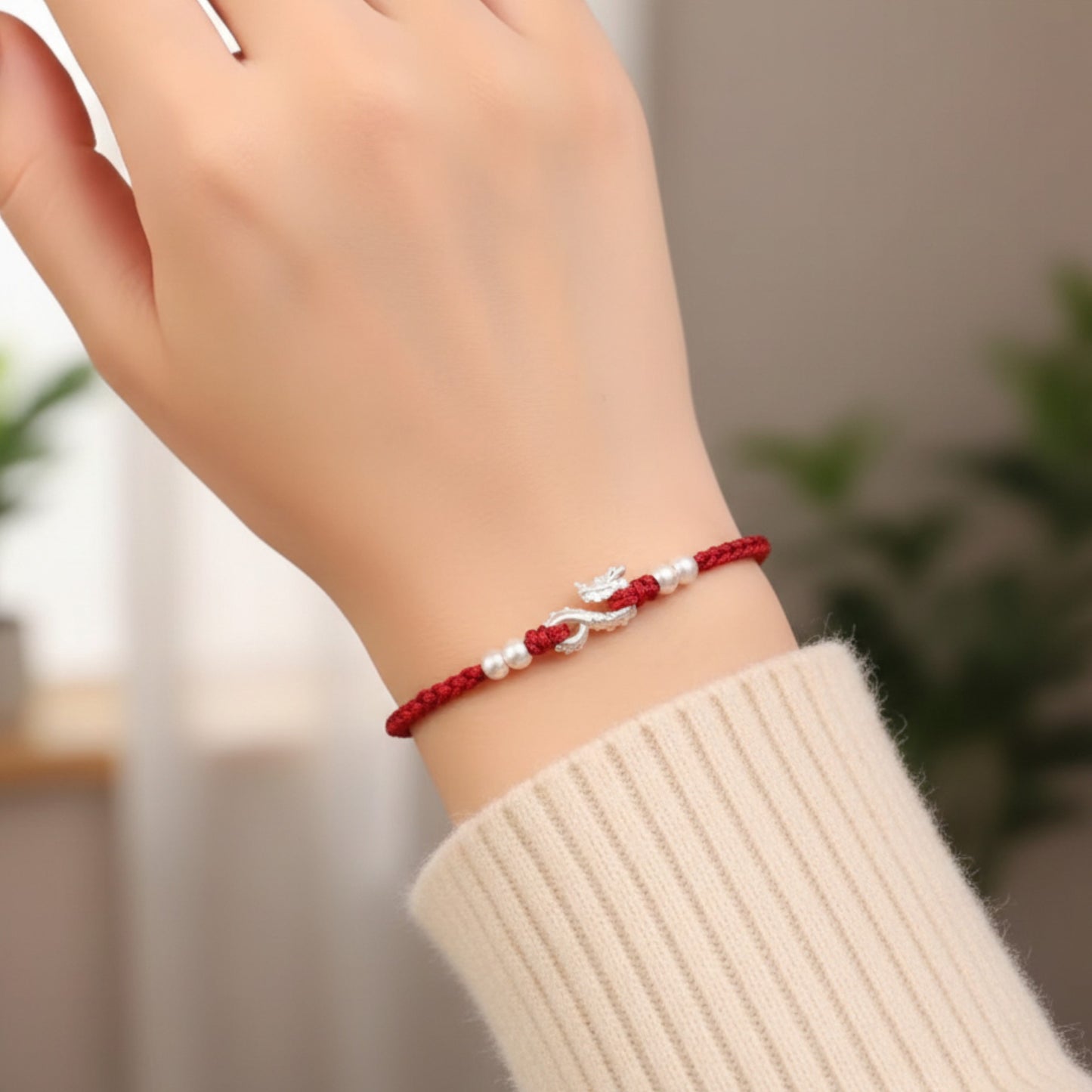 999 Pure Silver Dragon Pendant Braided Cord Adjustable Bracelet