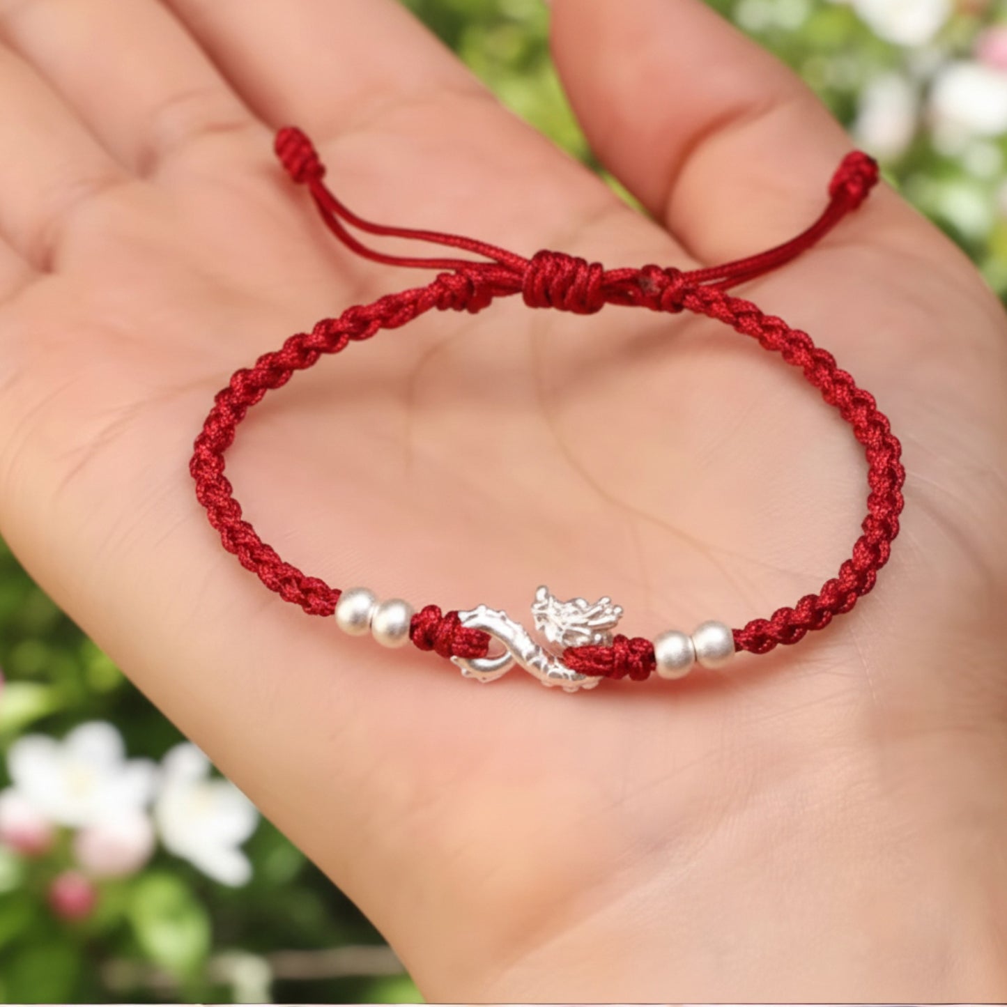 999 Pure Silver Dragon Pendant Braided Cord Adjustable Bracelet
