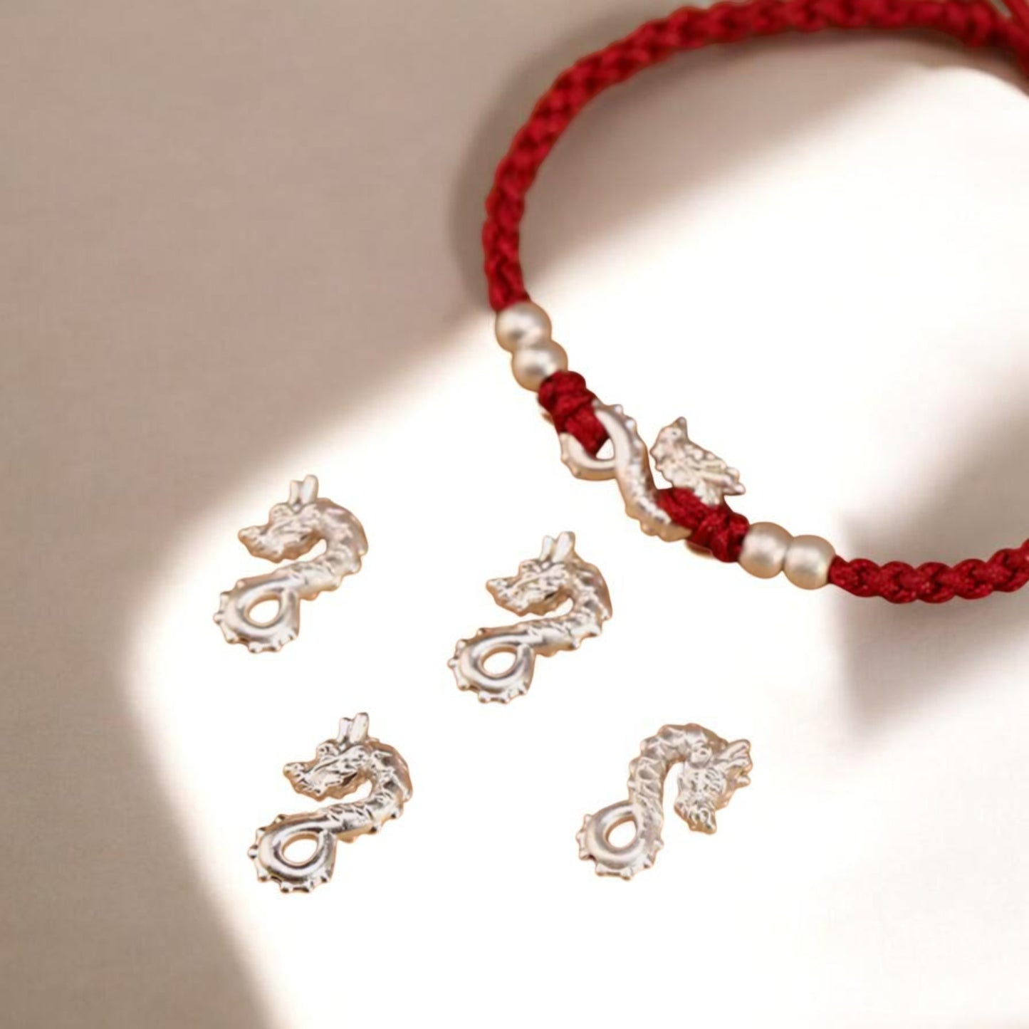 999 Pure Silver Dragon Pendant Braided Cord Adjustable Bracelet