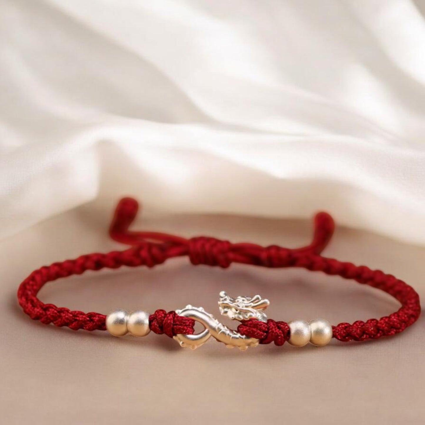 999 Pure Silver Dragon Pendant Braided Cord Adjustable Bracelet