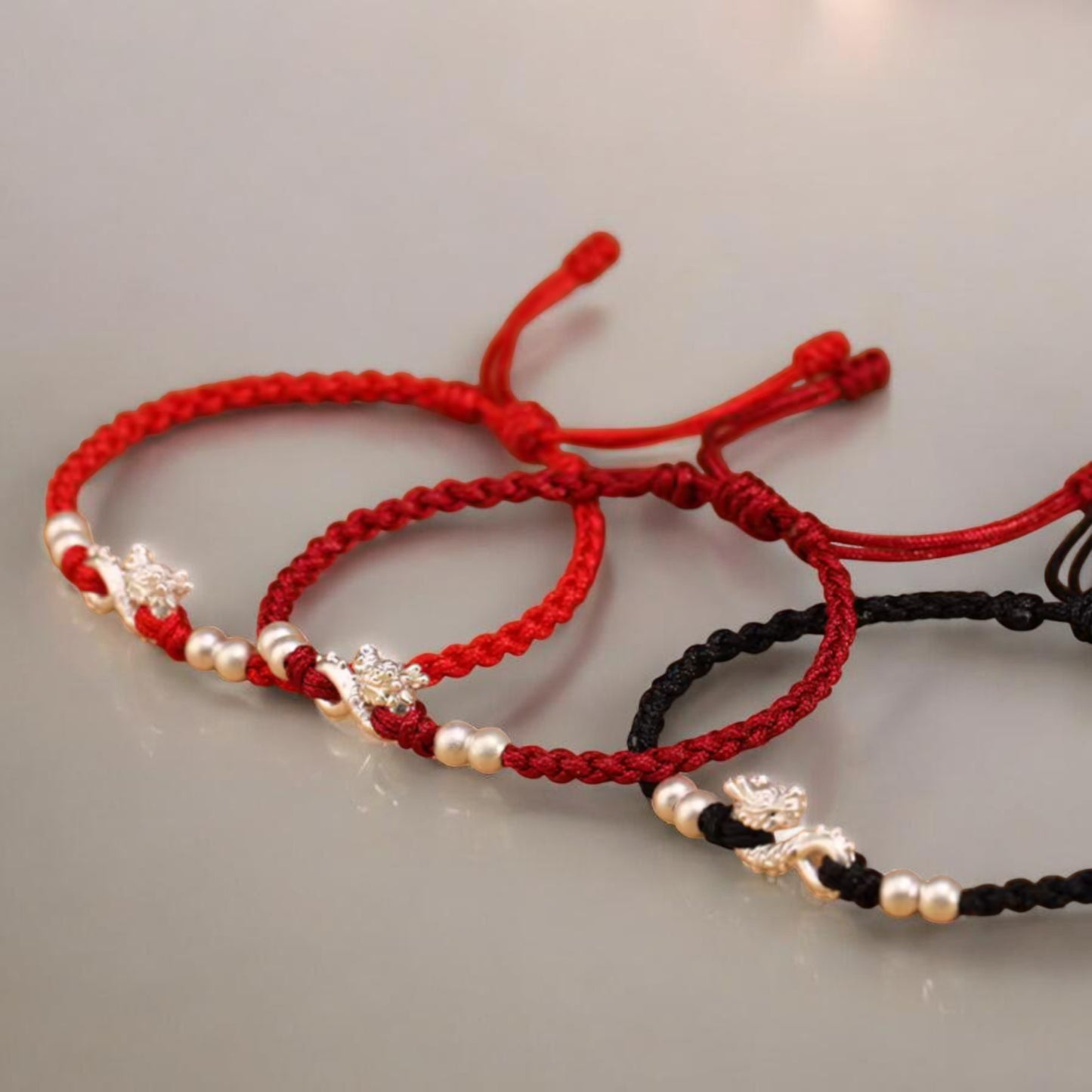 999 Pure Silver Dragon Pendant Braided Cord Adjustable Bracelet