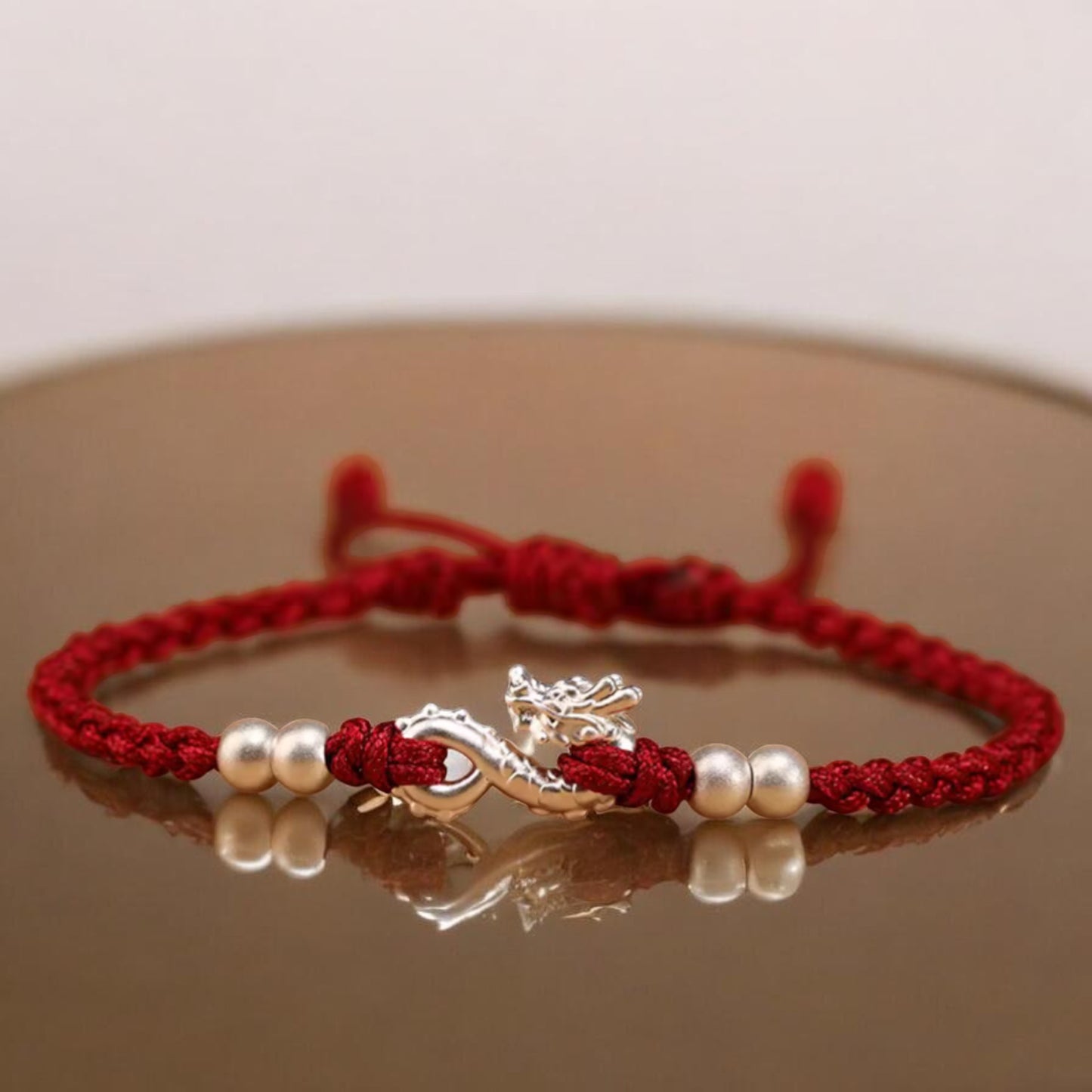 999 Pure Silver Dragon Pendant Braided Cord Adjustable Bracelet